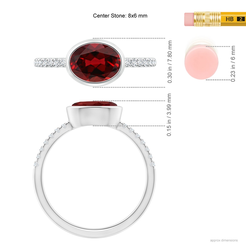 8x6mm AAAA East-West Bezel-Set Oval Garnet and Diamond Ring in White Gold ruler