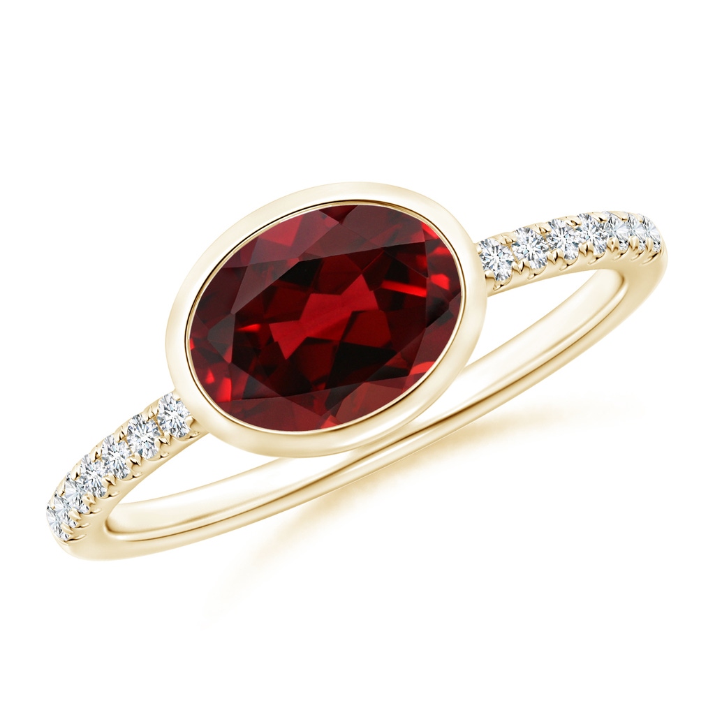 8x6mm AAAA East-West Bezel-Set Oval Garnet and Diamond Ring in Yellow Gold