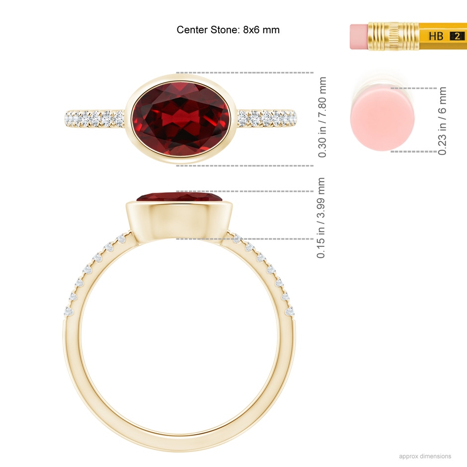 8x6mm AAAA East-West Bezel-Set Oval Garnet and Diamond Ring in Yellow Gold ruler