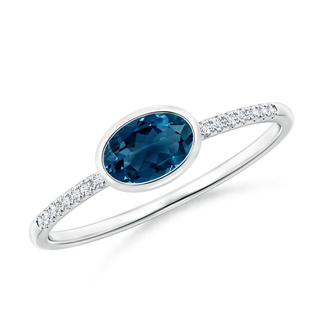 6x4mm AAAA East-West Bezel-Set Oval London Blue Topaz and Diamond Ring in White Gold