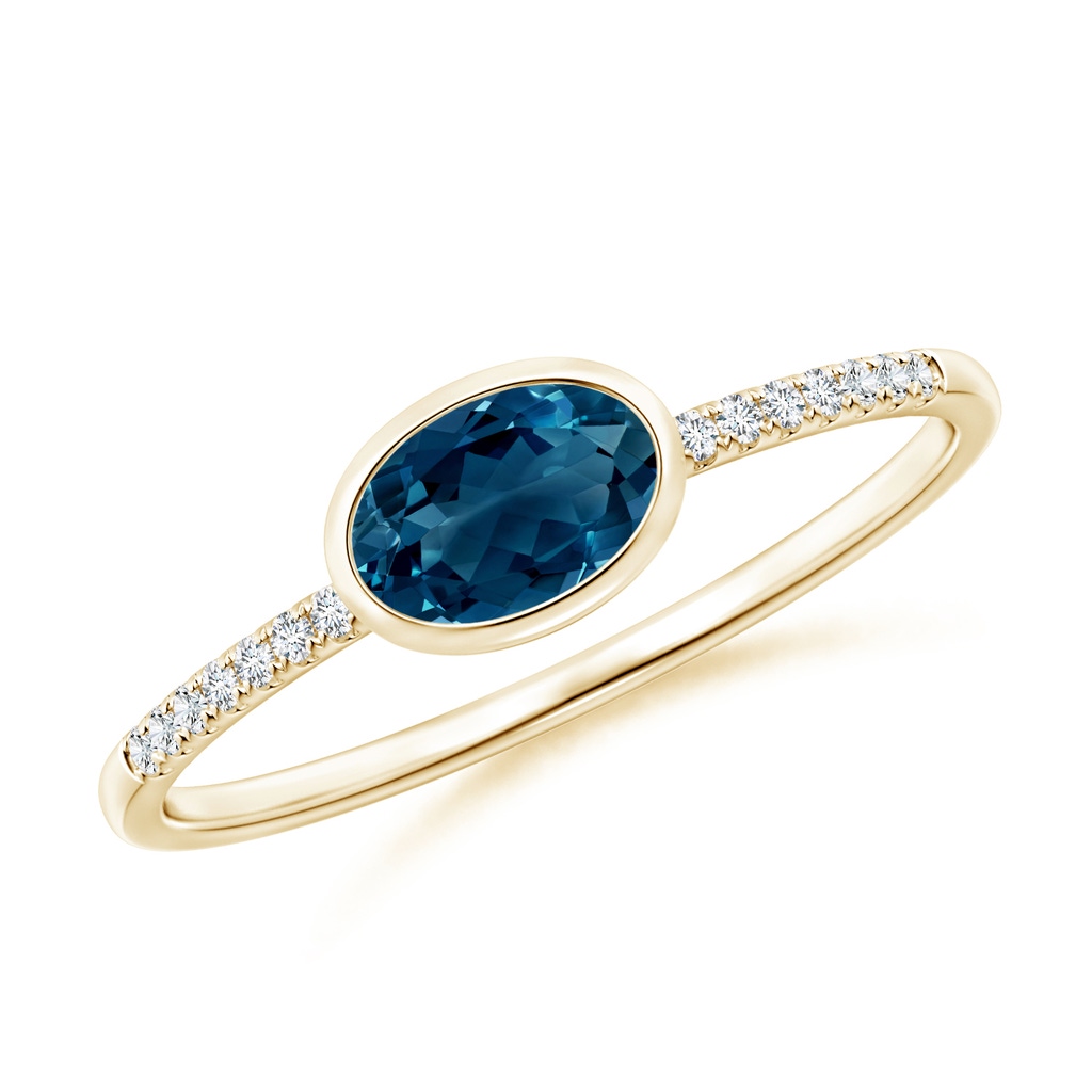 6x4mm AAAA East-West Bezel-Set Oval London Blue Topaz and Diamond Ring in Yellow Gold