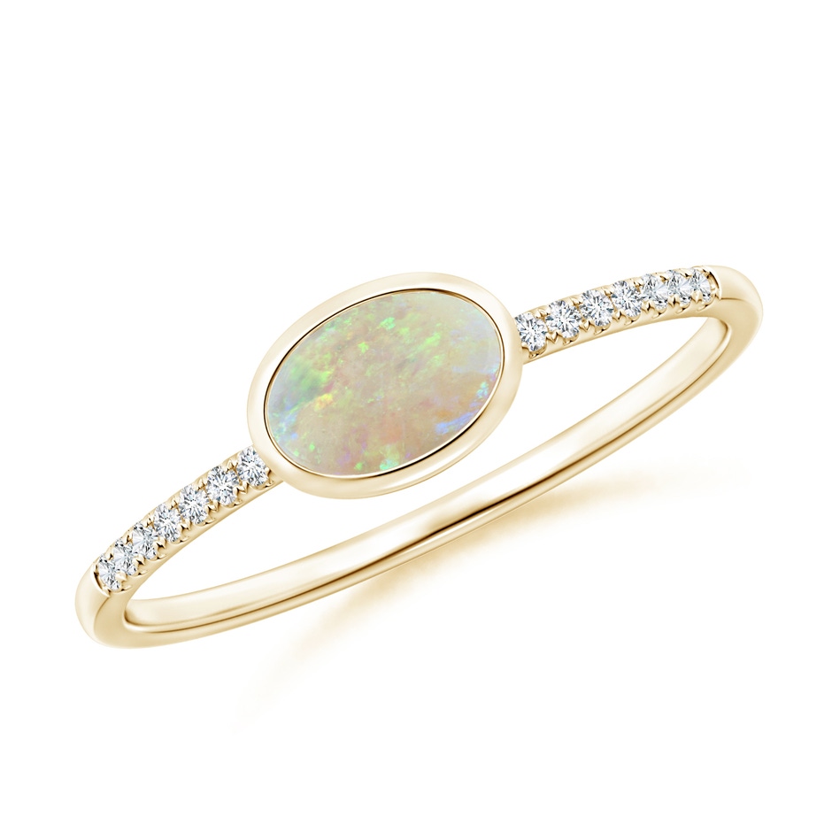 6x4mm AAA East-West Bezel-Set Oval Opal and Diamond Ring in Yellow Gold 
