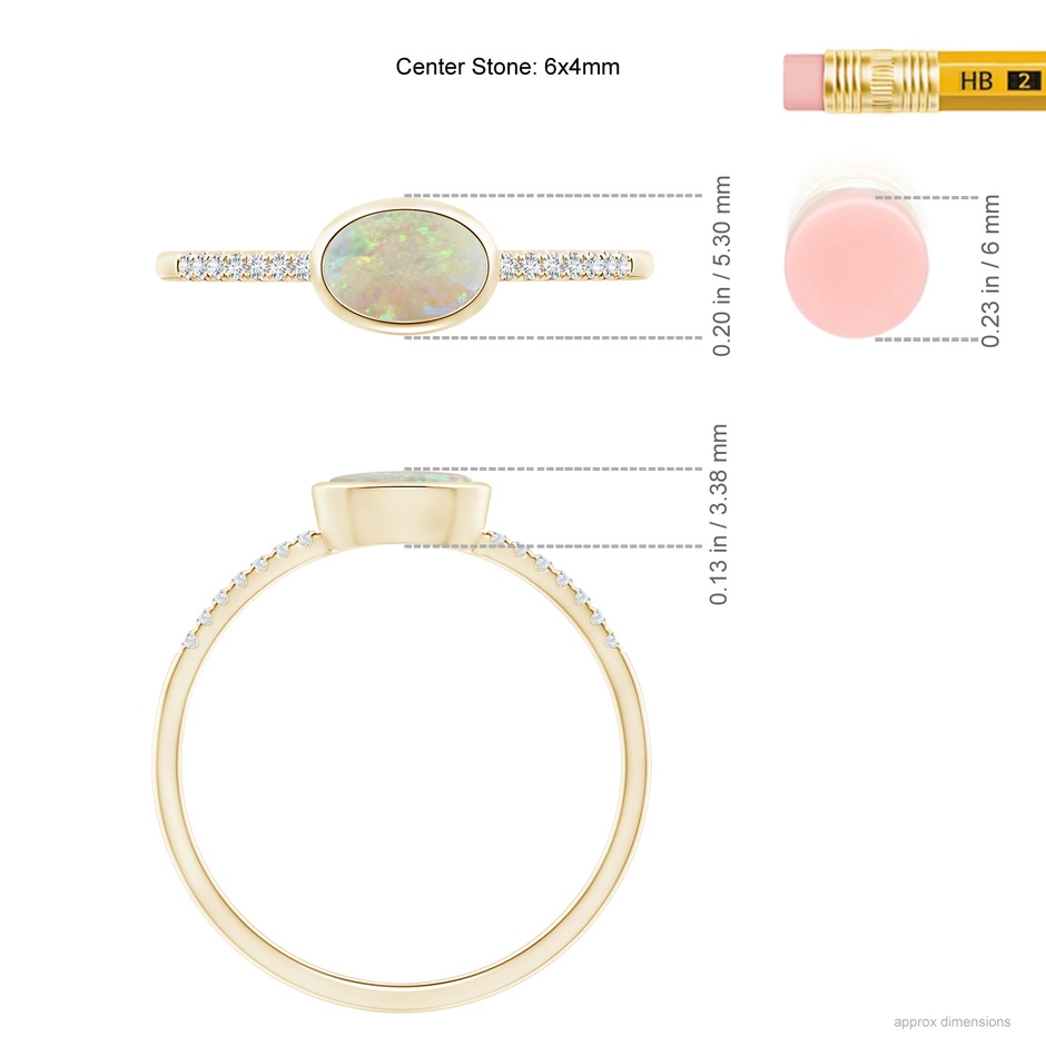 6x4mm AAA East-West Bezel-Set Oval Opal and Diamond Ring in Yellow Gold ruler
