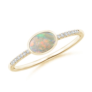 6x4mm AAAA East-West Bezel-Set Oval Opal and Diamond Ring in Yellow Gold