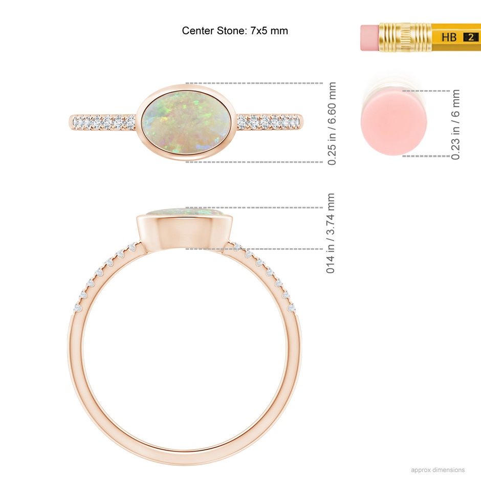 7x5mm AAA East-West Bezel-Set Oval Opal and Diamond Ring in Rose Gold ruler