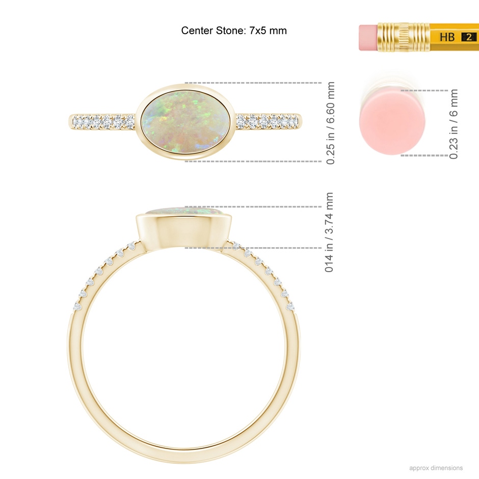7x5mm AAA East-West Bezel-Set Oval Opal and Diamond Ring in Yellow Gold ruler