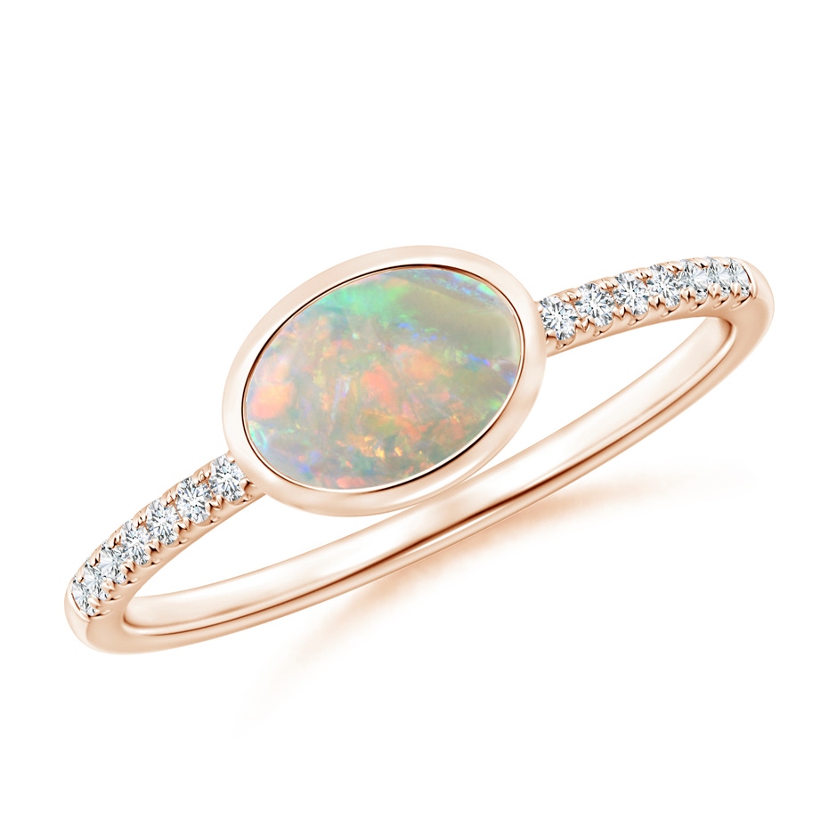 7x5mm AAAA East-West Bezel-Set Oval Opal and Diamond Ring in Rose Gold 