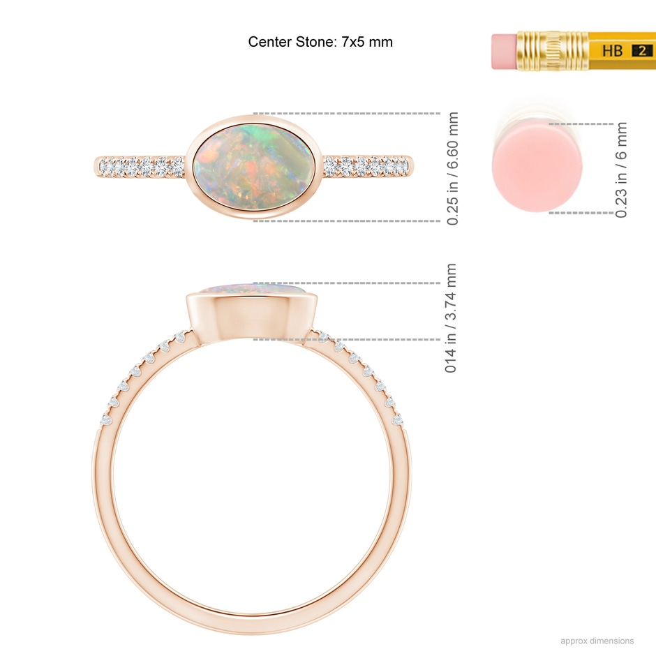 7x5mm AAAA East-West Bezel-Set Oval Opal and Diamond Ring in Rose Gold ruler