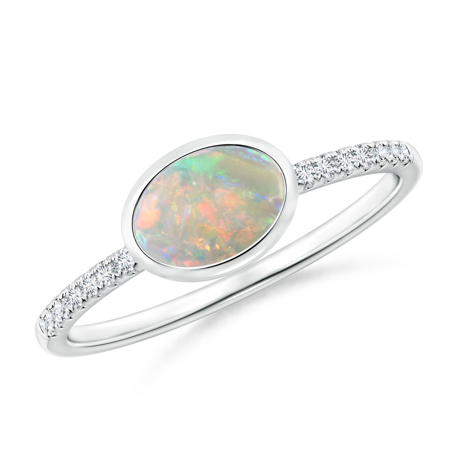 7x5mm AAAA East-West Bezel-Set Oval Opal and Diamond Ring in White Gold 
