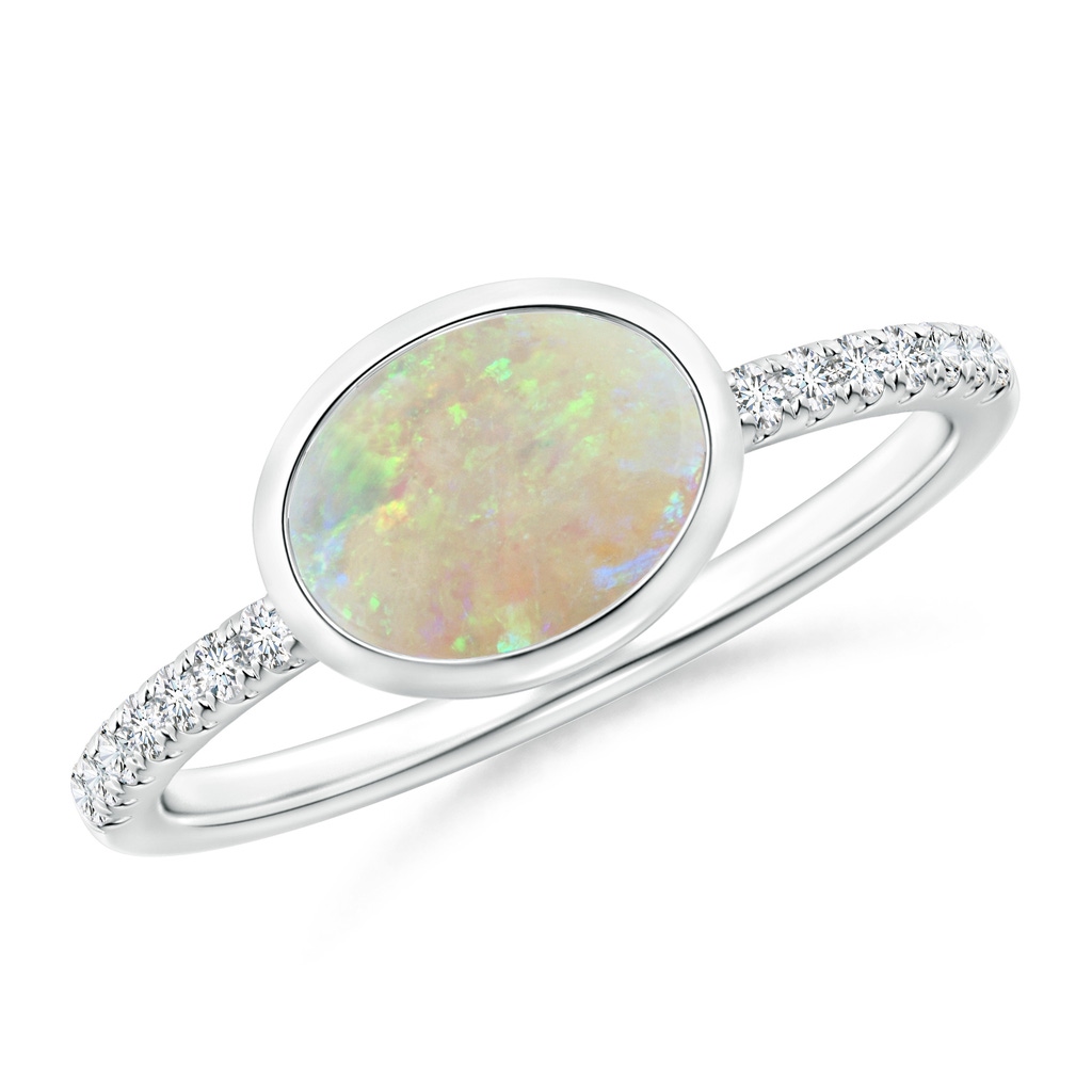 8x6mm AAA East-West Bezel-Set Oval Opal and Diamond Ring in White Gold