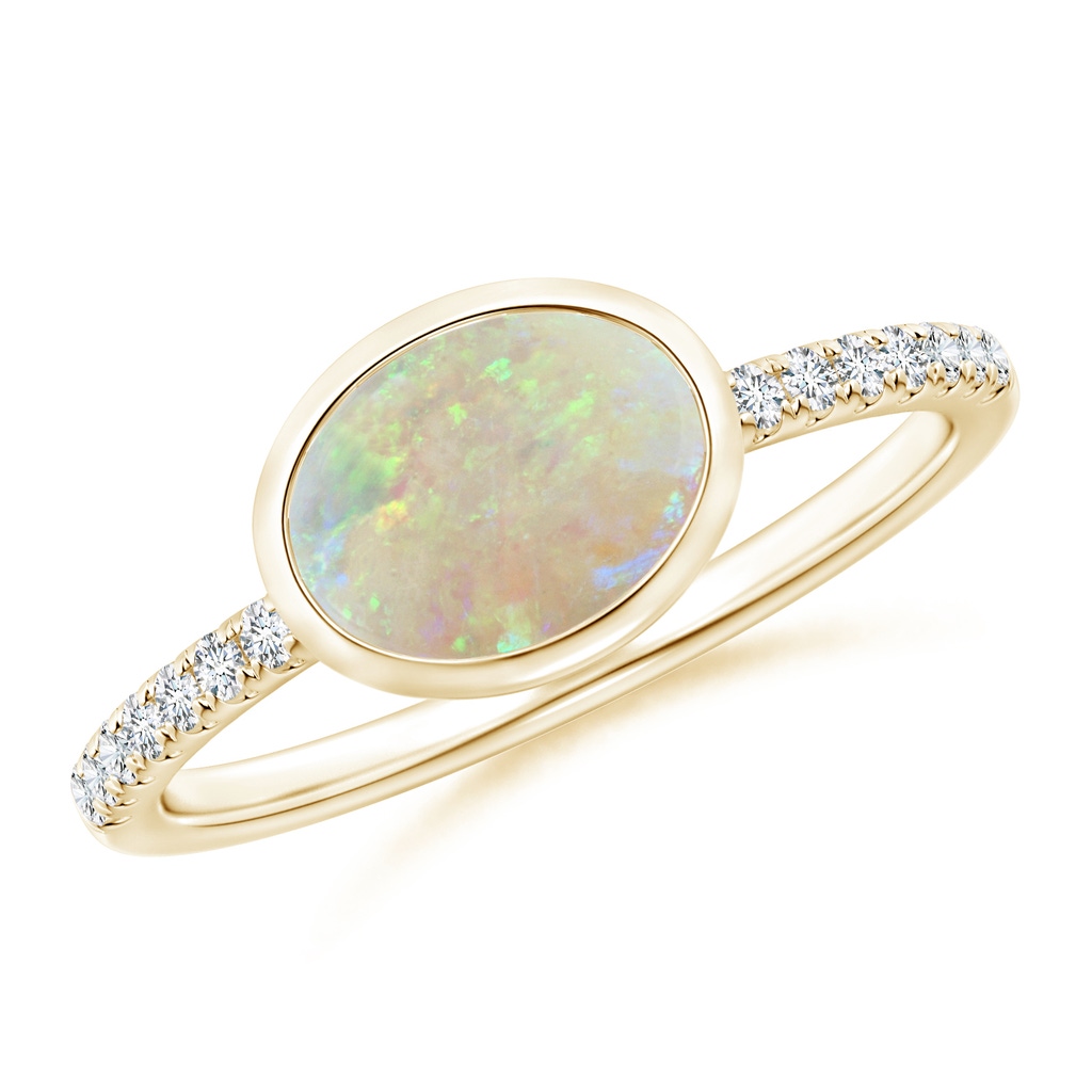8x6mm AAA East-West Bezel-Set Oval Opal and Diamond Ring in Yellow Gold