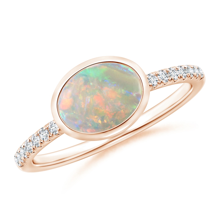 8x6mm AAAA East-West Bezel-Set Oval Opal and Diamond Ring in Rose Gold 