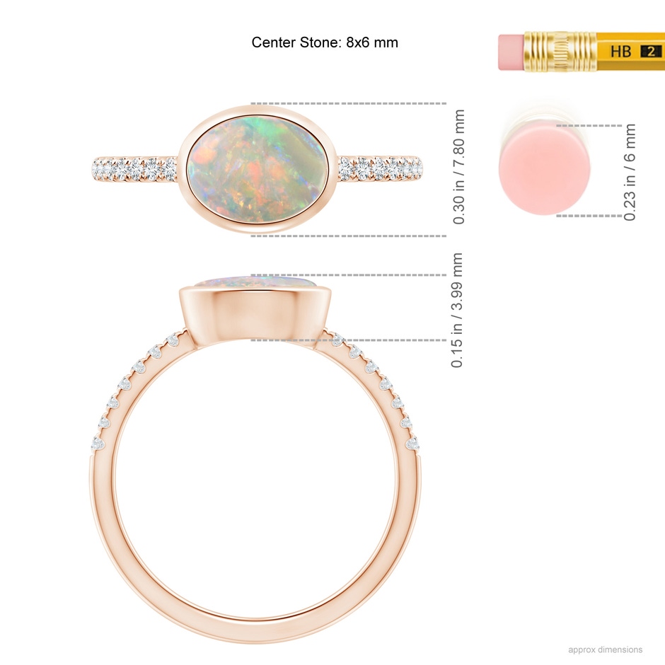 8x6mm AAAA East-West Bezel-Set Oval Opal and Diamond Ring in Rose Gold ruler