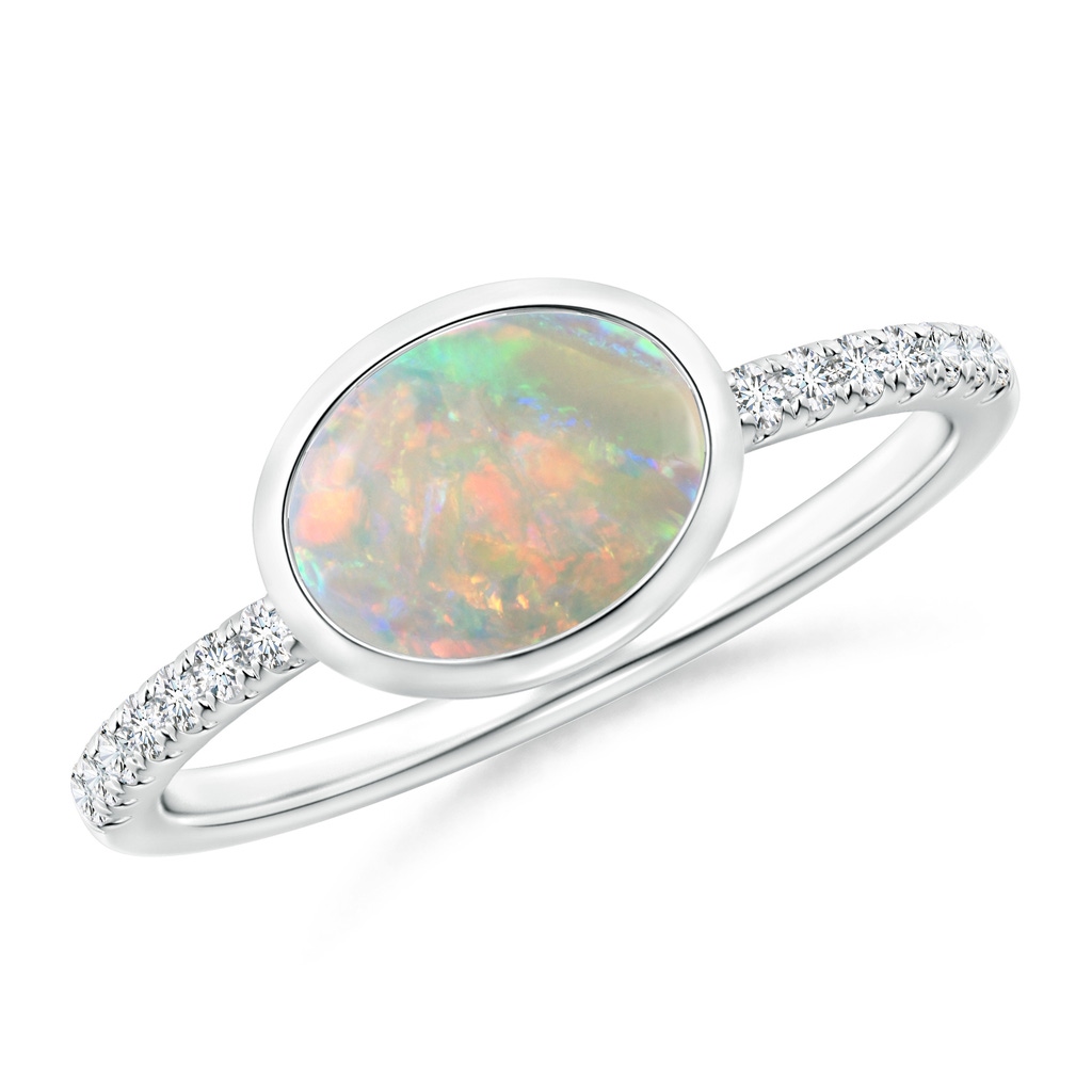 8x6mm AAAA East-West Bezel-Set Oval Opal and Diamond Ring in White Gold