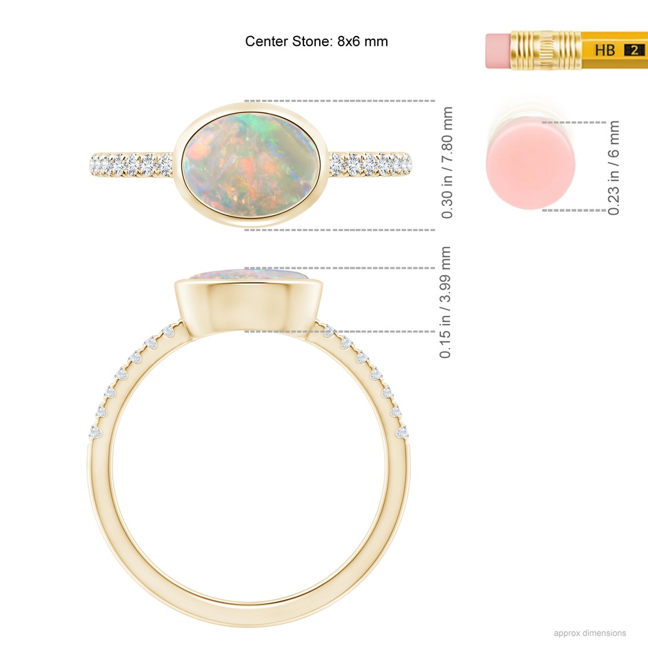 8x6mm AAAA East-West Bezel-Set Oval Opal and Diamond Ring in Yellow Gold ruler