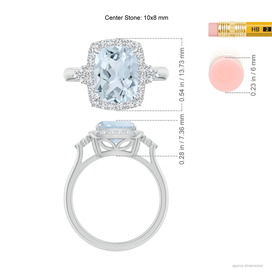10x8mm A Cushion Aquamarine Halo Ring with Trio Diamonds in 9K White Gold ruler