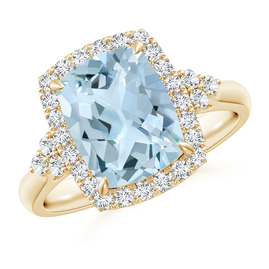 10x8mm AA Cushion Aquamarine Halo Ring with Trio Diamonds in Yellow Gold 