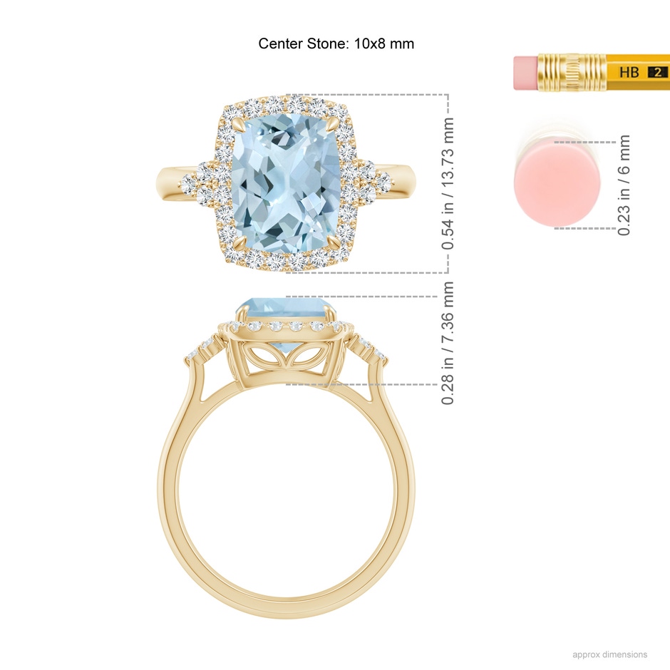 10x8mm AA Cushion Aquamarine Halo Ring with Trio Diamonds in Yellow Gold ruler