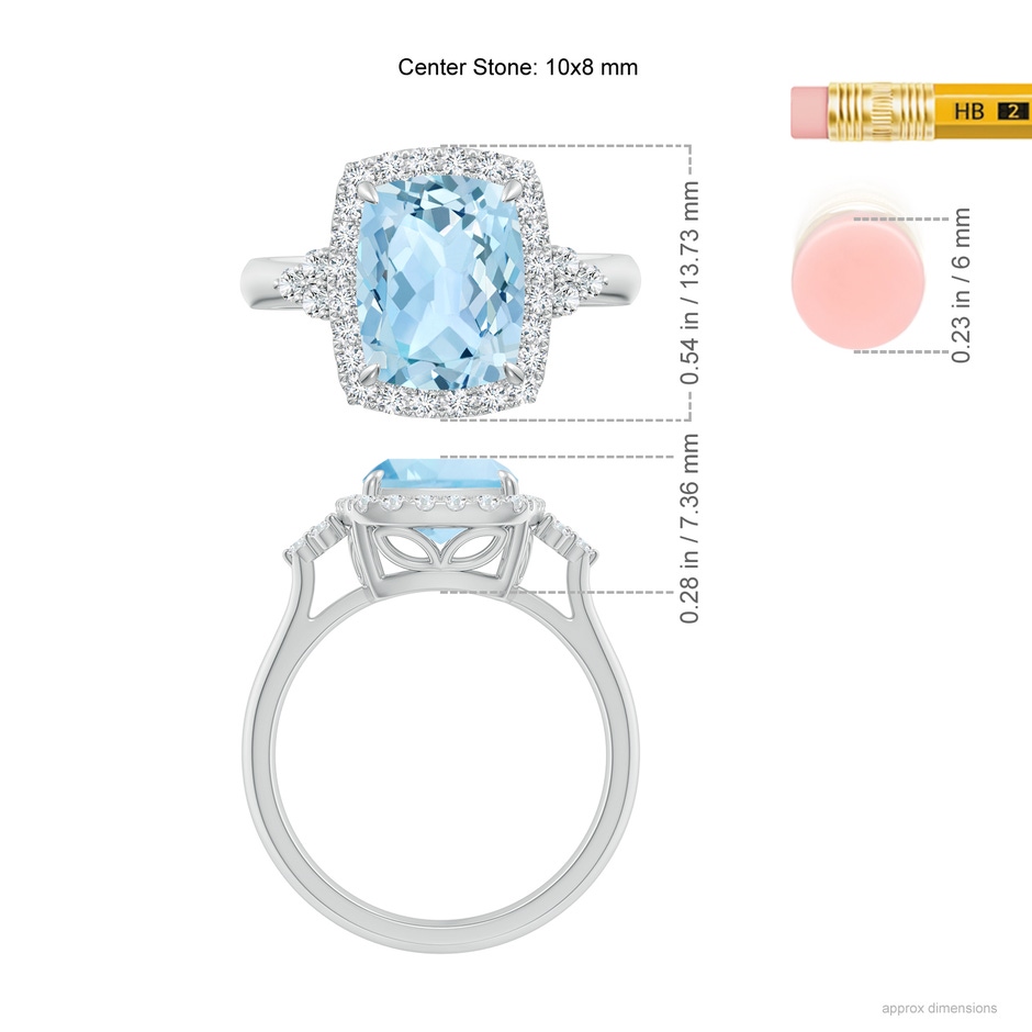 10x8mm AAA Cushion Aquamarine Halo Ring with Trio Diamonds in White Gold ruler
