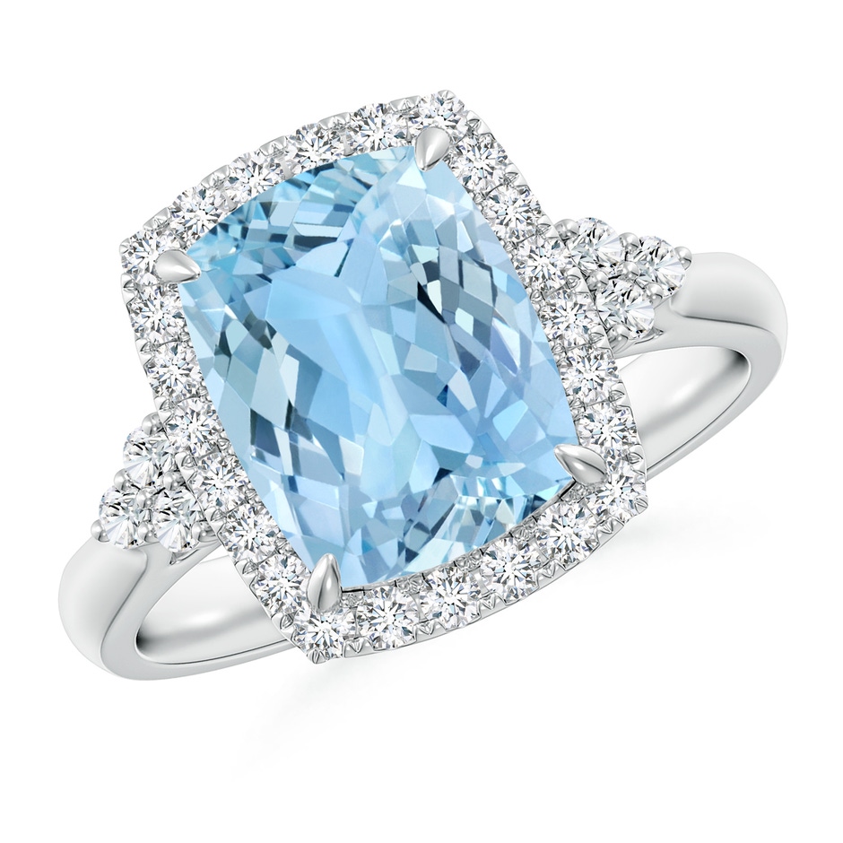 10x8mm AAAA Cushion Aquamarine Halo Ring with Trio Diamonds in P950 Platinum 