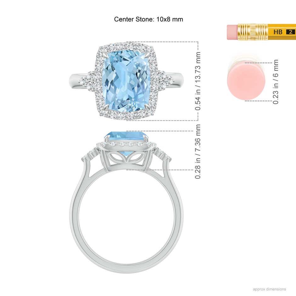10x8mm AAAA Cushion Aquamarine Halo Ring with Trio Diamonds in P950 Platinum ruler