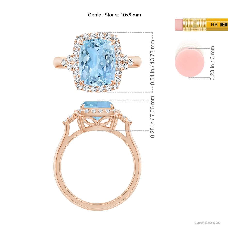 10x8mm AAAA Cushion Aquamarine Halo Ring with Trio Diamonds in Rose Gold ruler