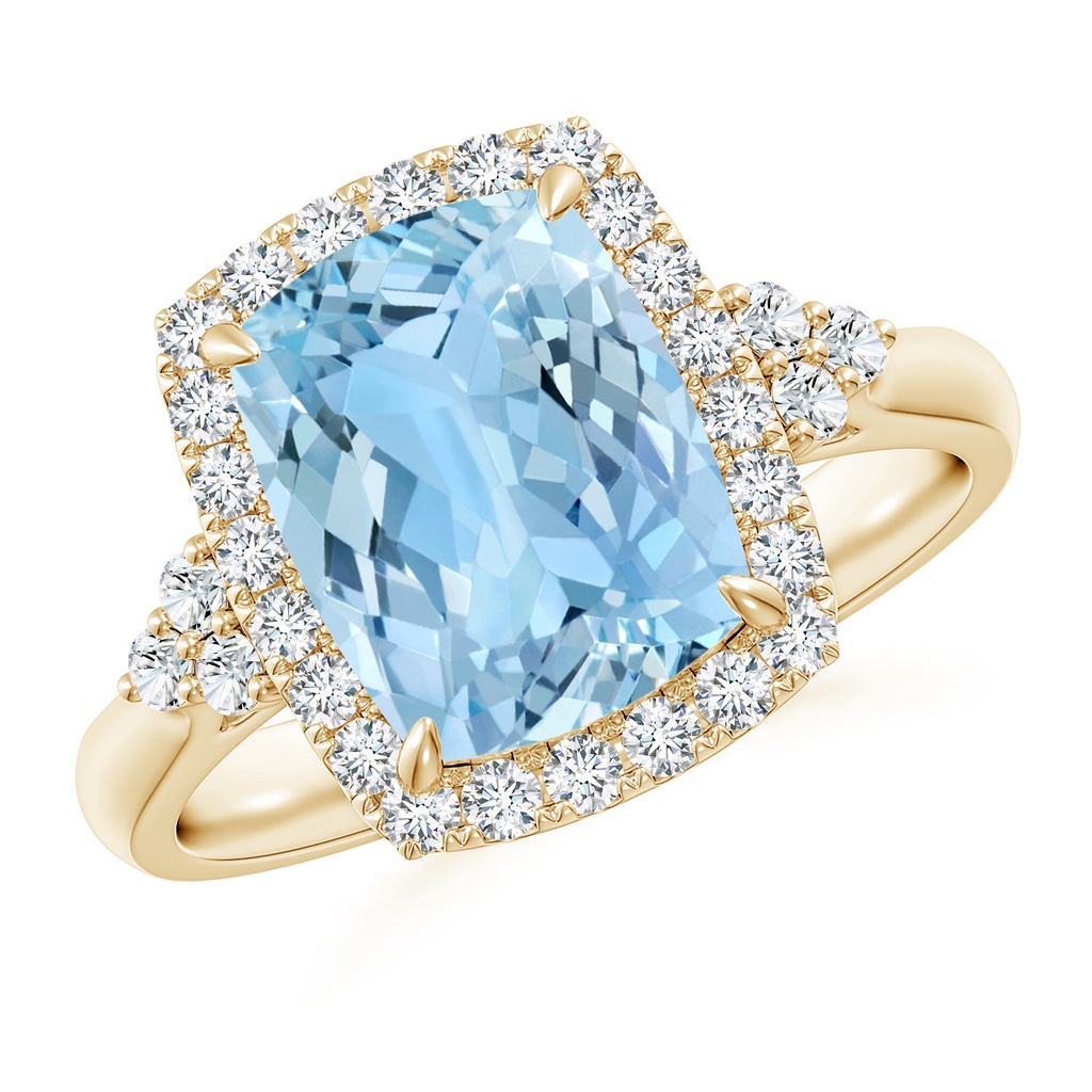 10x8mm AAAA Cushion Aquamarine Halo Ring with Trio Diamonds in Yellow Gold