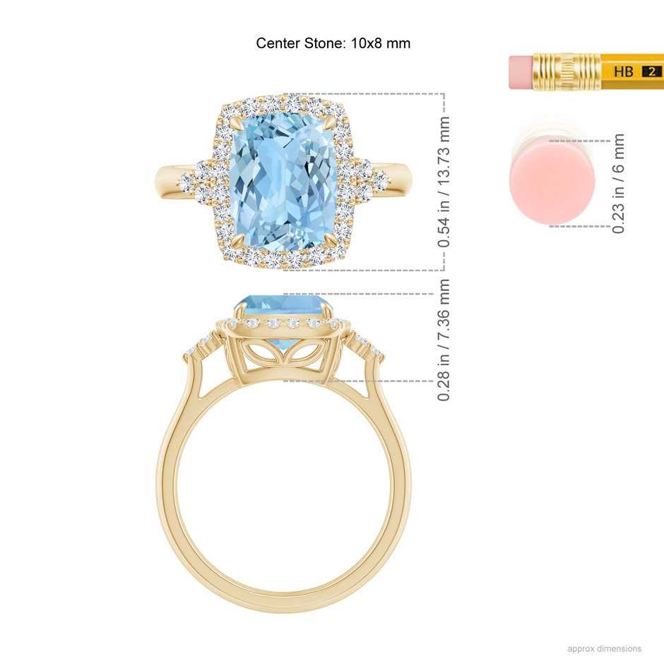 10x8mm AAAA Cushion Aquamarine Halo Ring with Trio Diamonds in Yellow Gold ruler
