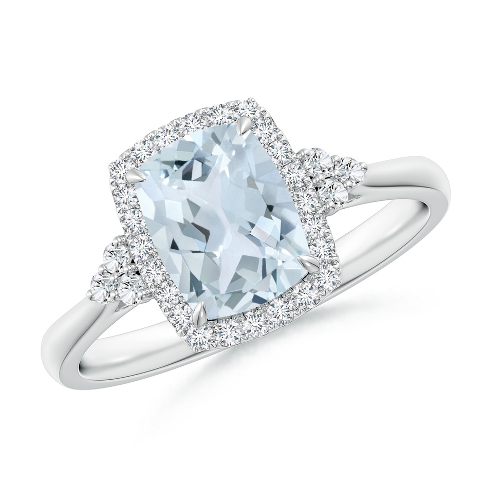 8x6mm A Cushion Aquamarine Halo Ring with Trio Diamonds in 9K White Gold 