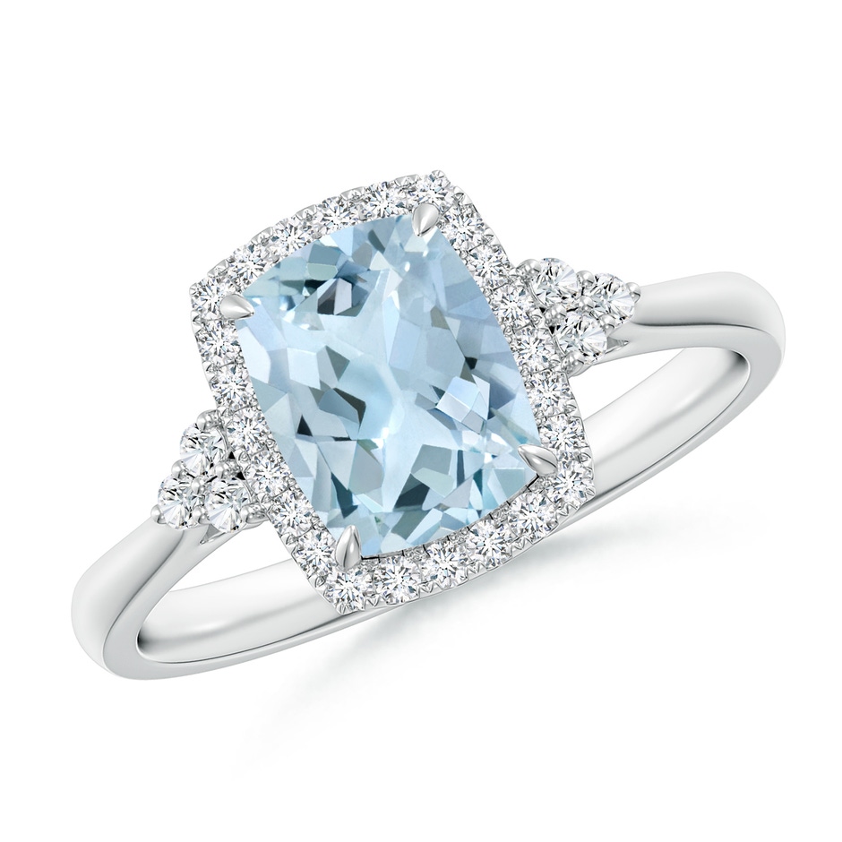 8x6mm AA Cushion Aquamarine Halo Ring with Trio Diamonds in 9K White Gold 