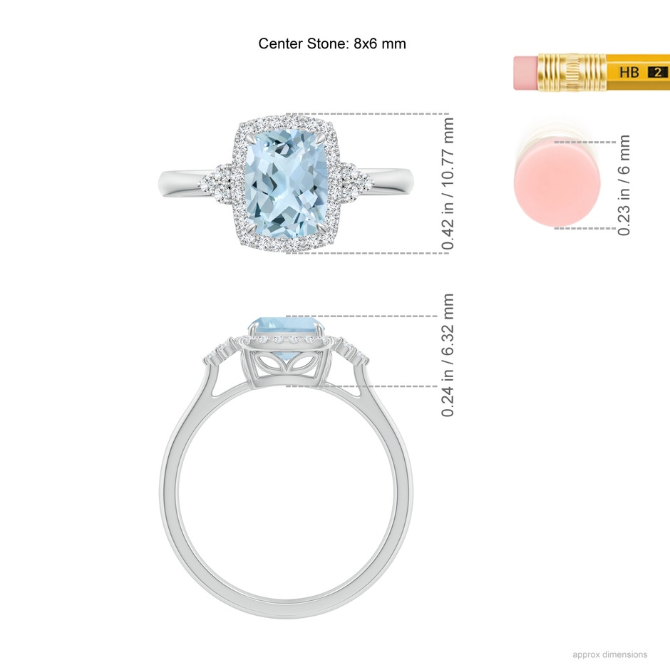 8x6mm AA Cushion Aquamarine Halo Ring with Trio Diamonds in 9K White Gold ruler