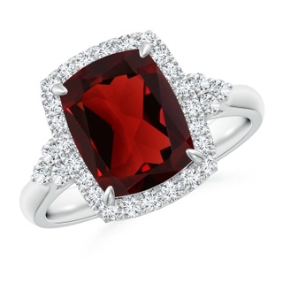 10x8mm AAA Cushion Garnet Halo Ring with Trio Diamonds in White Gold