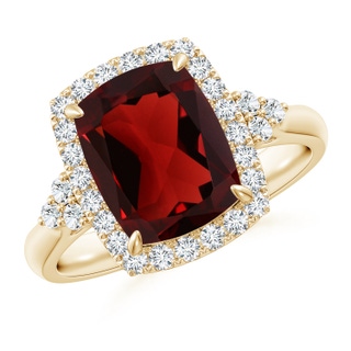 10x8mm AAA Cushion Garnet Halo Ring with Trio Diamonds in Yellow Gold