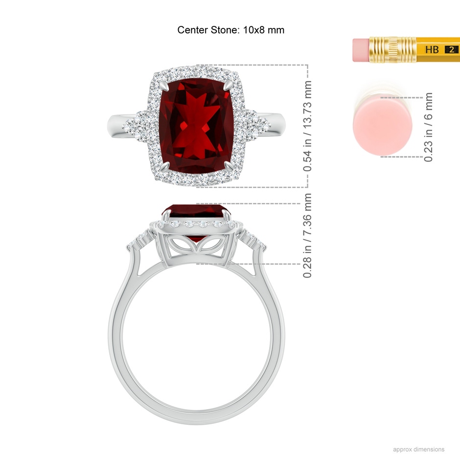 10x8mm AAAA Cushion Garnet Halo Ring with Trio Diamonds in White Gold ruler