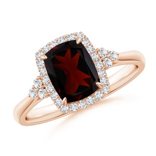 8x6mm A Cushion Garnet Halo Ring with Trio Diamonds in 9K Rose Gold