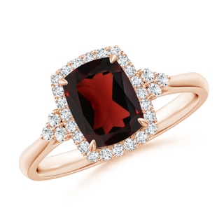 8x6mm AA Cushion Garnet Halo Ring with Trio Diamonds in Rose Gold