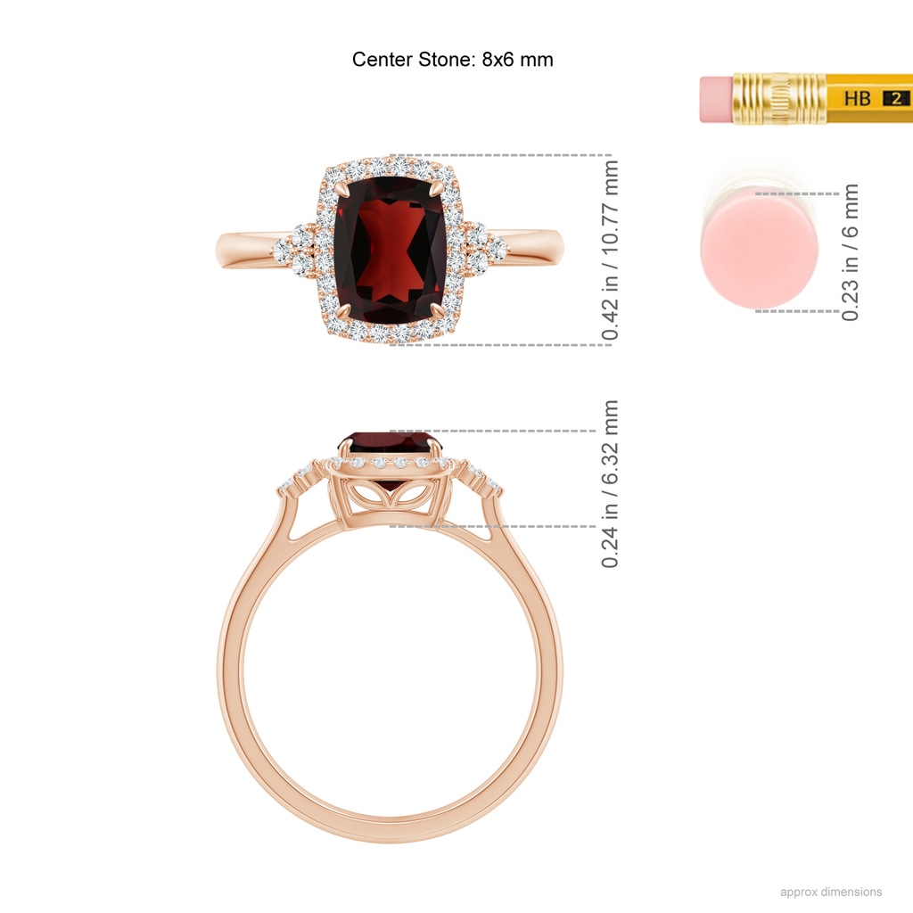 8x6mm AA Cushion Garnet Halo Ring with Trio Diamonds in Rose Gold Ruler