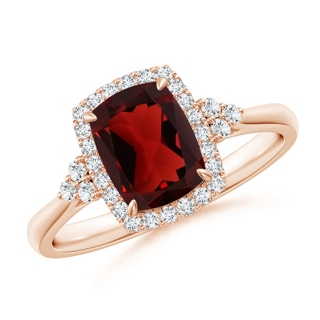 8x6mm AAA Cushion Garnet Halo Ring with Trio Diamonds in 9K Rose Gold