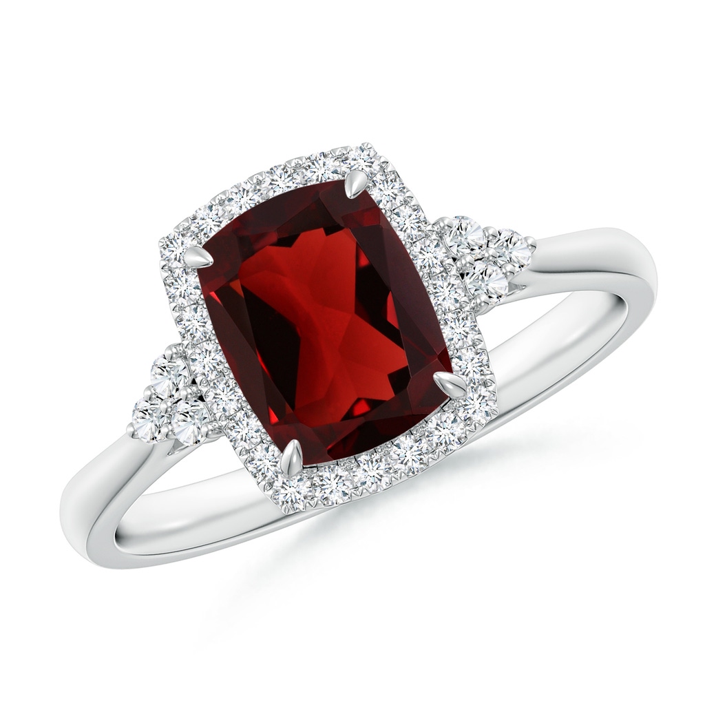 8x6mm AAA Cushion Garnet Halo Ring with Trio Diamonds in White Gold