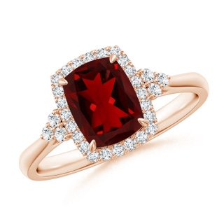 8x6mm AAAA Cushion Garnet Halo Ring with Trio Diamonds in 9K Rose Gold