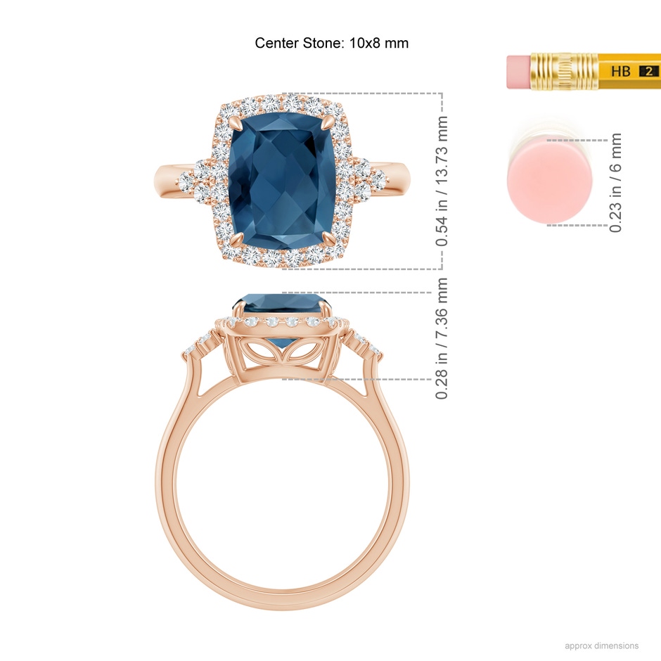 10x8mm A Cushion London Blue Topaz Halo Ring with Trio Diamonds in Rose Gold ruler