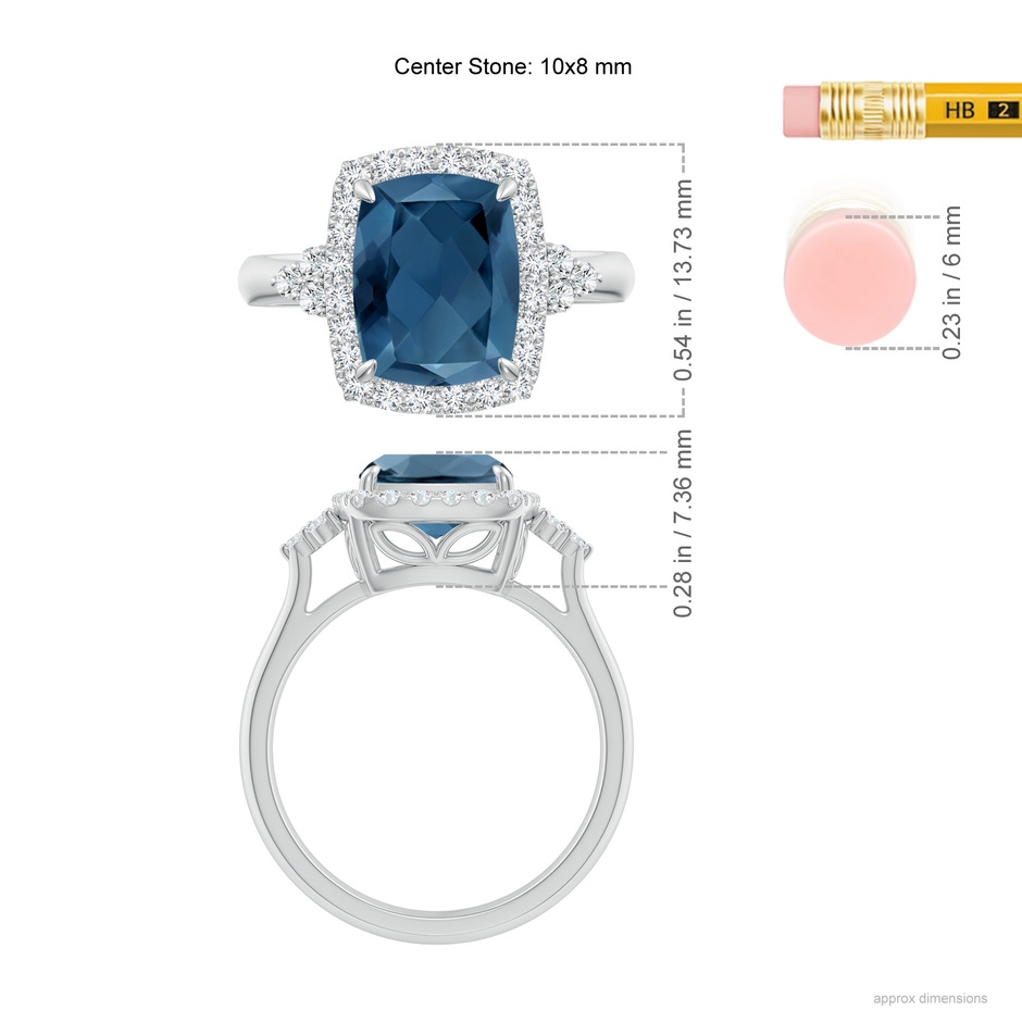 10x8mm A Cushion London Blue Topaz Halo Ring with Trio Diamonds in White Gold ruler