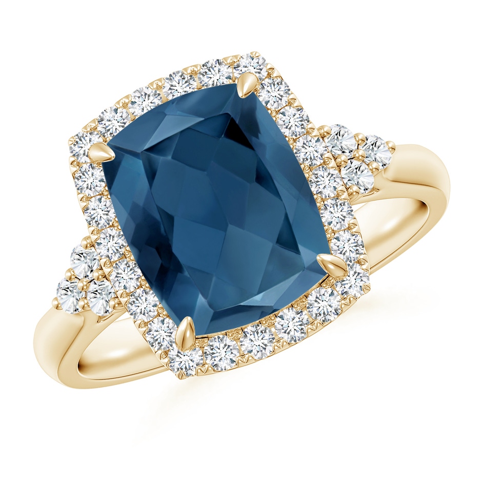 10x8mm A Cushion London Blue Topaz Halo Ring with Trio Diamonds in Yellow Gold 