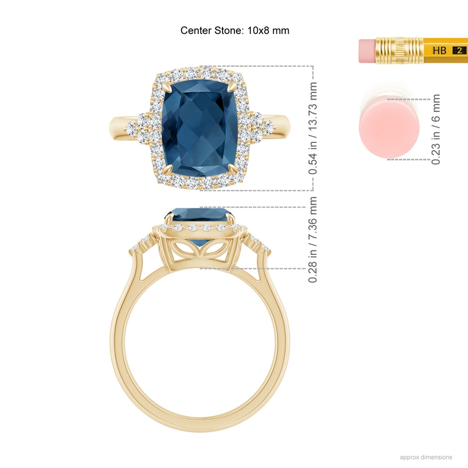 10x8mm A Cushion London Blue Topaz Halo Ring with Trio Diamonds in Yellow Gold ruler