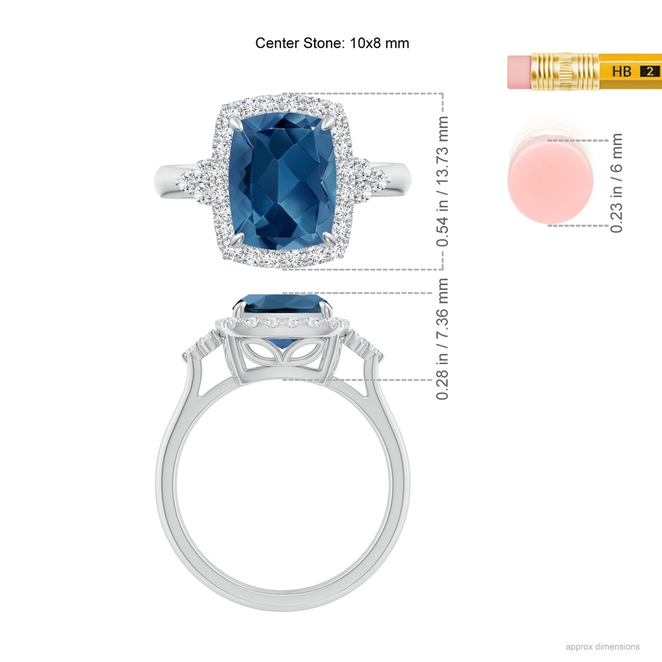 10x8mm AA Cushion London Blue Topaz Halo Ring with Trio Diamonds in White Gold ruler