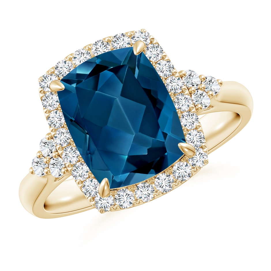 10x8mm AAA Cushion London Blue Topaz Halo Ring with Trio Diamonds in Yellow Gold 