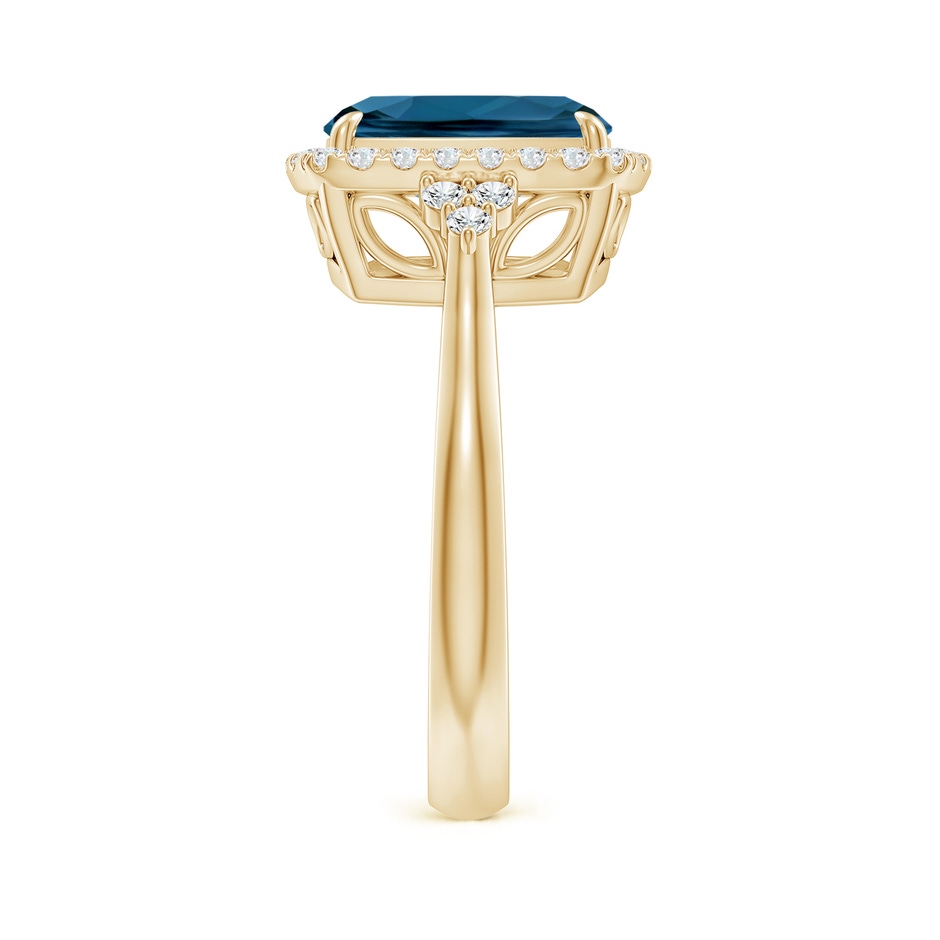 10x8mm AAA Cushion London Blue Topaz Halo Ring with Trio Diamonds in Yellow Gold side-2