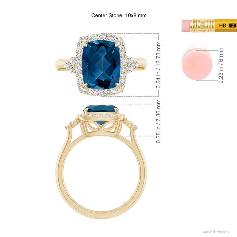 10x8mm AAA Cushion London Blue Topaz Halo Ring with Trio Diamonds in Yellow Gold ruler