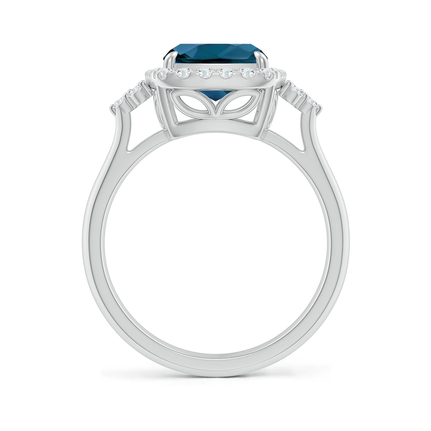 10x8mm AAAA Cushion London Blue Topaz Halo Ring with Trio Diamonds in P950 Platinum
