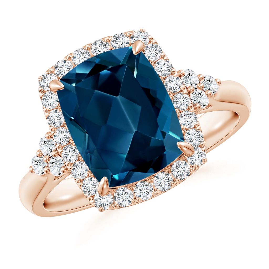 10x8mm AAAA Cushion London Blue Topaz Halo Ring with Trio Diamonds in Rose Gold